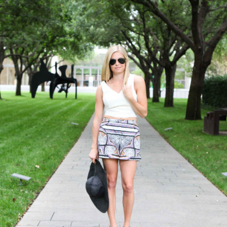 white crop top with scarf print shorts