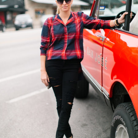 red plaid button up