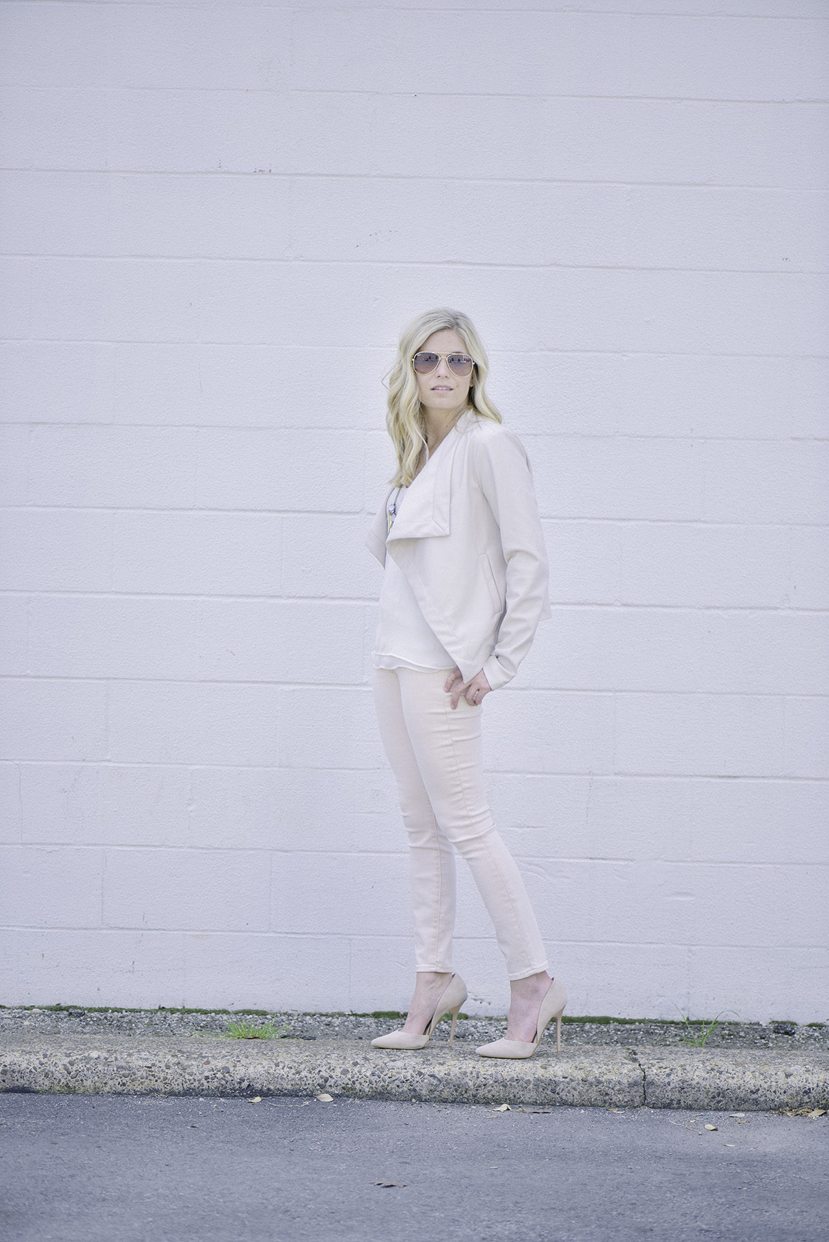 light pink jeans and bb dakota faux leather jacket