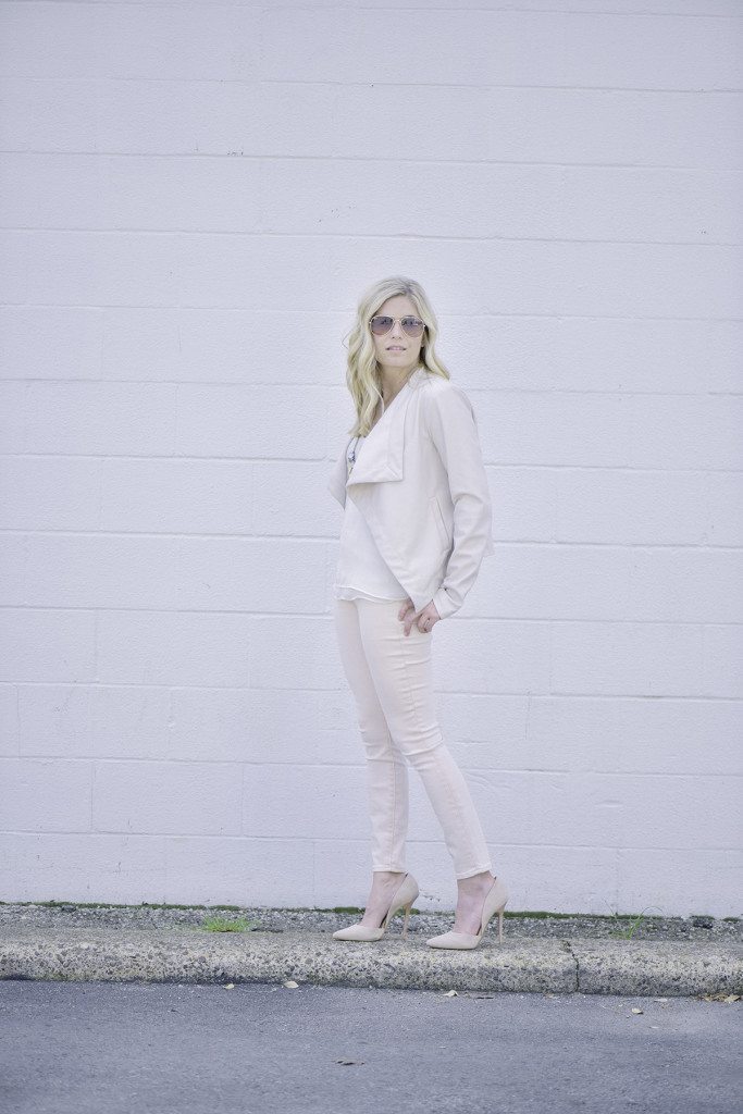 light pink jeans and bb dakota faux leather jacket