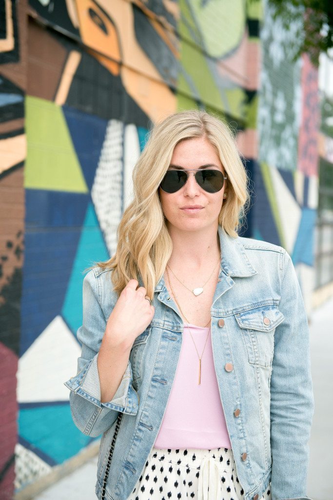 pink silk tank and jean jacket
