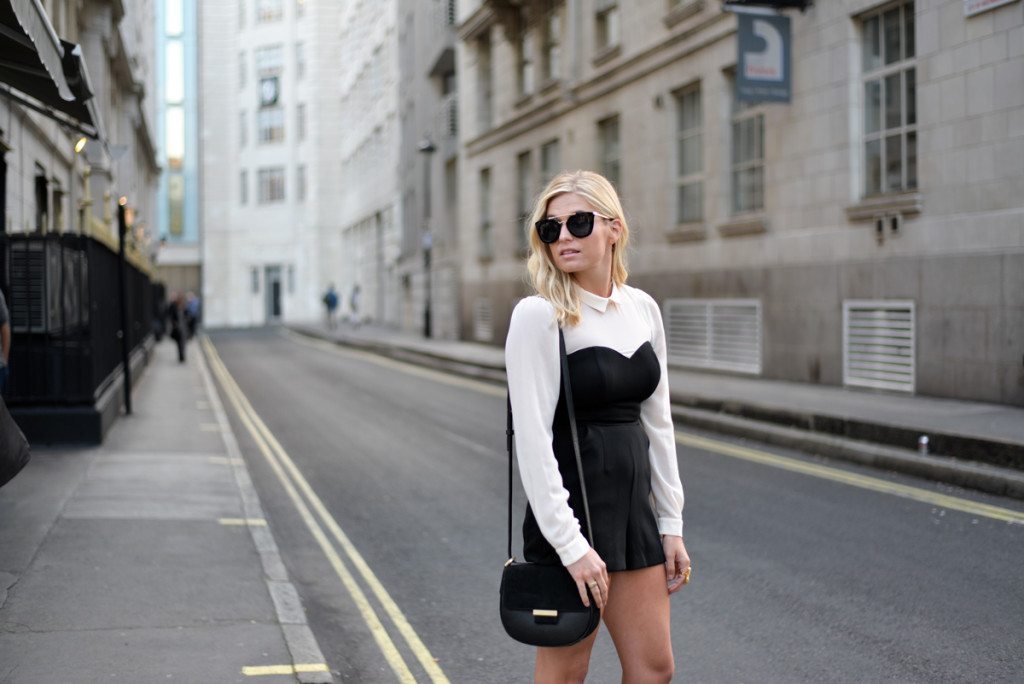 bcbgeneration bustier shirt romper-black suede crossbody purse-streets of london-fashion blogger dallas