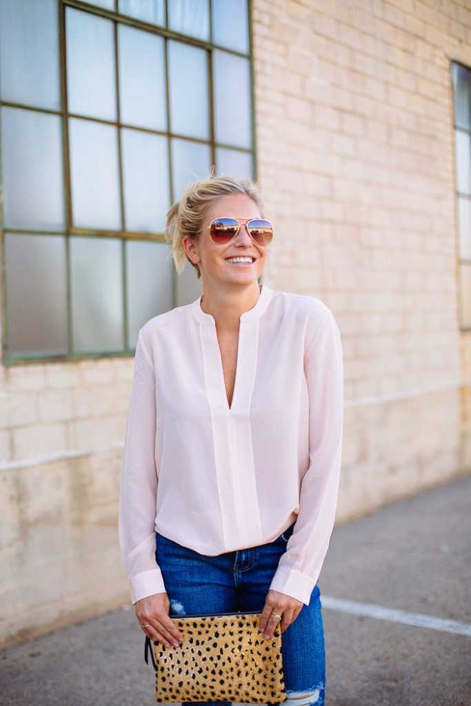 silk banded v neck blouse-pink silk blouse-leopard clutch-dallas fashion blogger