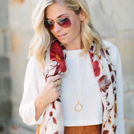 fall printed scarf with gold necklace