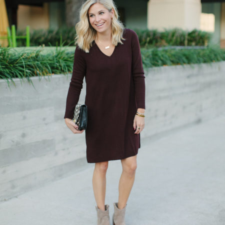 burgundy sweater dress with tan booties-dallas fashion bloggers