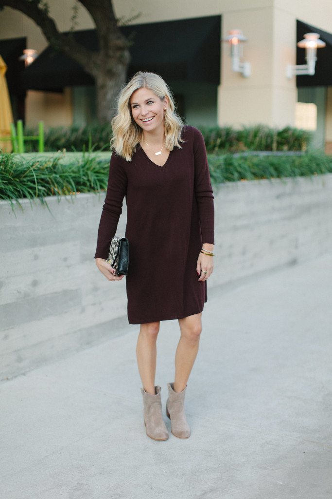 burgundy sweater dress with tan booties-dallas fashion bloggers
