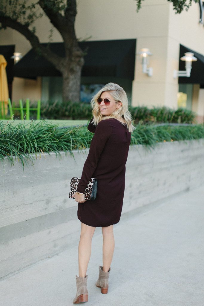 burgundy sweater dress for fall-tan suede booties-dallas fashion blogger