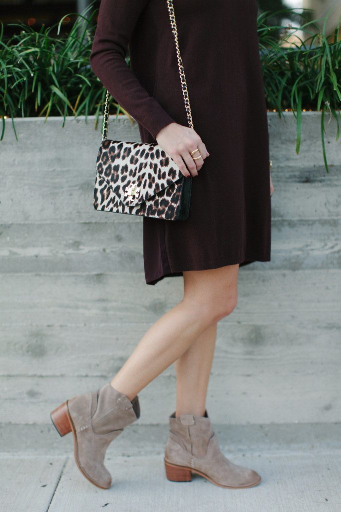 tan suede booties and leopard purse