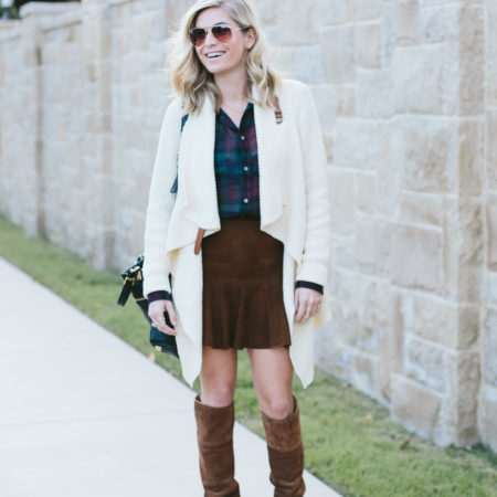 polo ralph lauren outfit-black friday sales-suede mini skirt with plaid shirt and sweater cardigan-fall outfit inspiration-thanksgiving outfit idea-dallas fashion blogger