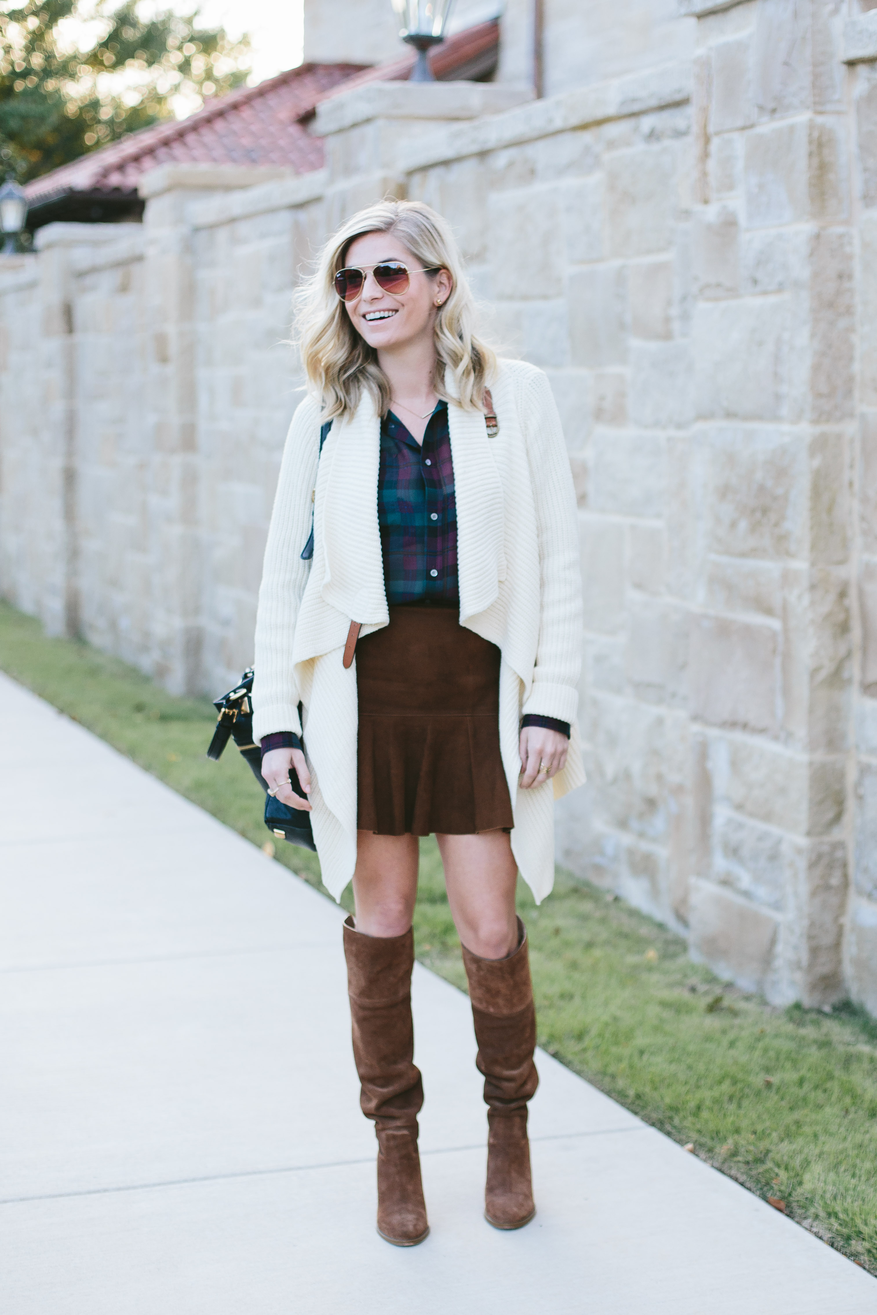 polo ralph lauren outfit-black friday sales-suede mini skirt with plaid shirt and sweater cardigan-fall outfit inspiration-thanksgiving outfit idea-dallas fashion blogger