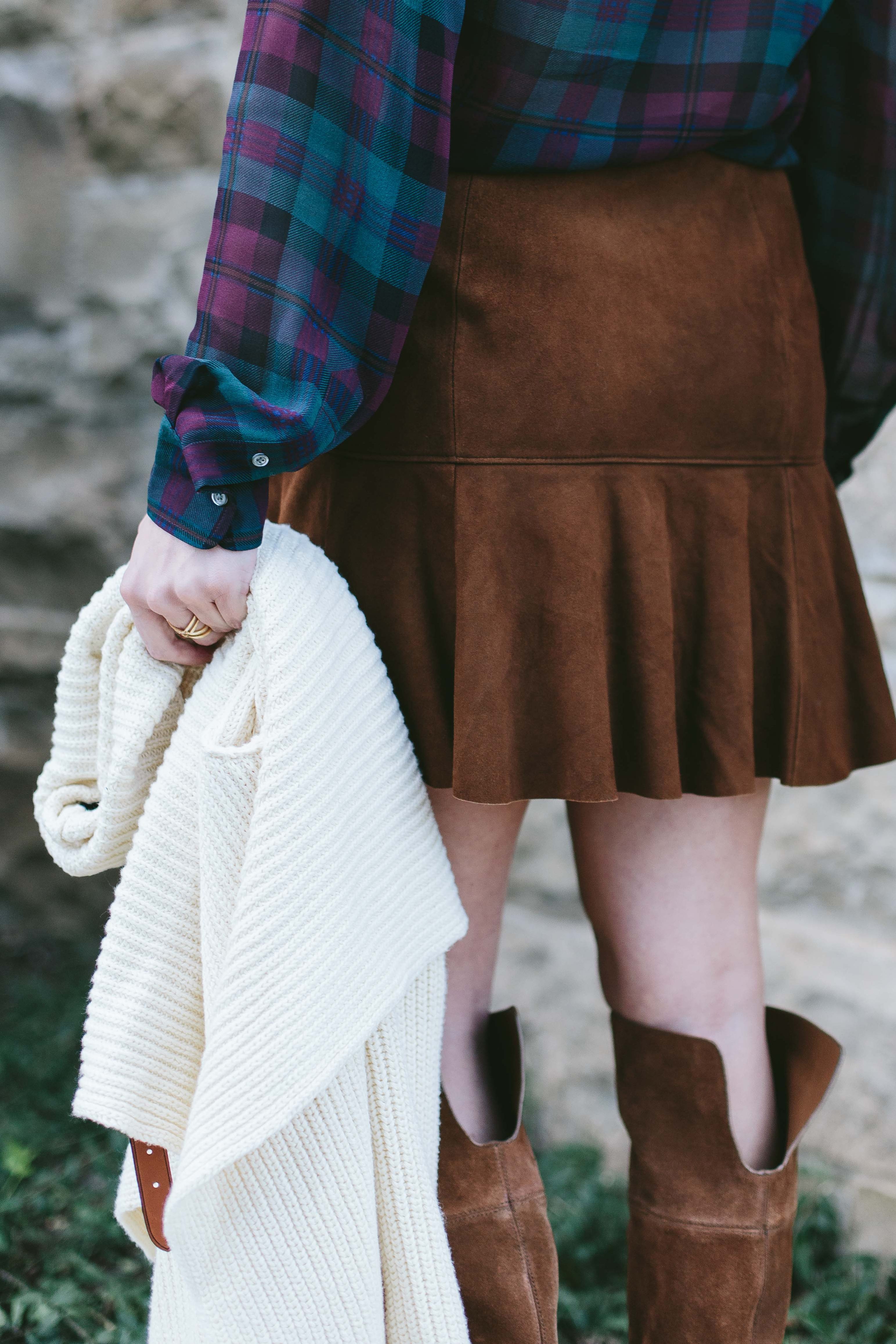 suede flare mini skirt-suede miniskirt with plaid shirt