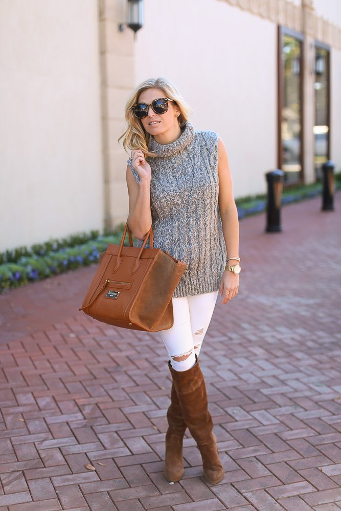 grey sleeveless sweater-white skinny jeans-valentino tan suede bag-tan sued over the knee boots-dallas fashion blogger