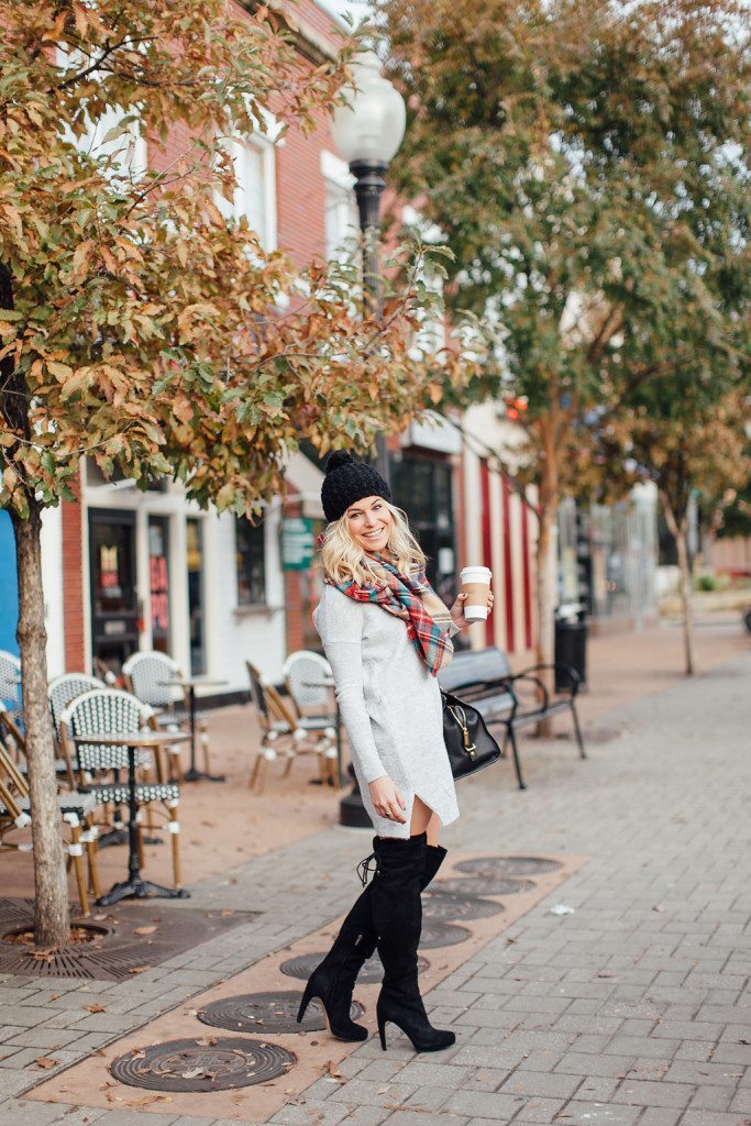dallas fashion blogger-v neck sweater dress-grey sweater dress-plaid scarf-winter outfit idea