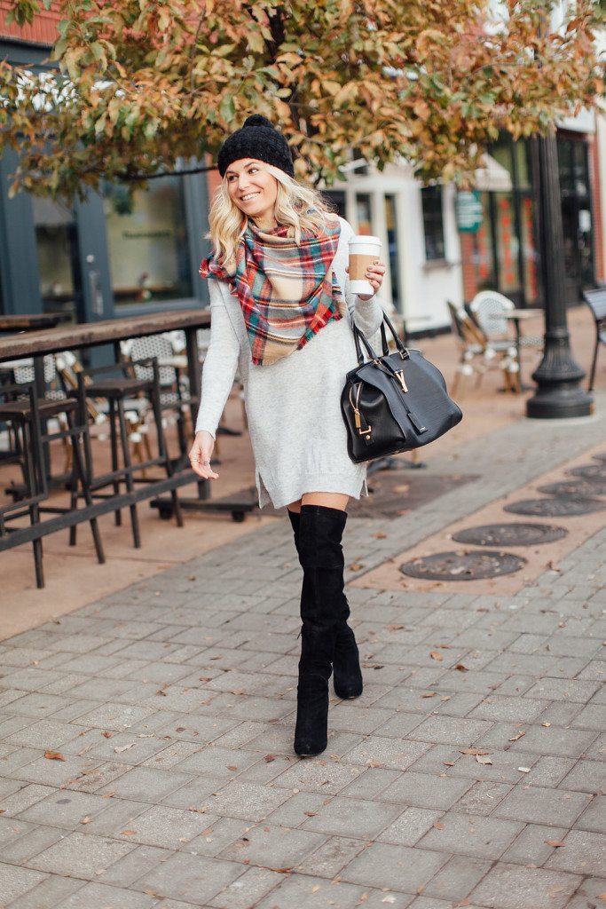 winter outfit inspiration-winter outfit idea-winter sweater dress outfit-grey sweater dress-tartan scarf-black over the knee boots-dallas fashion bloggers