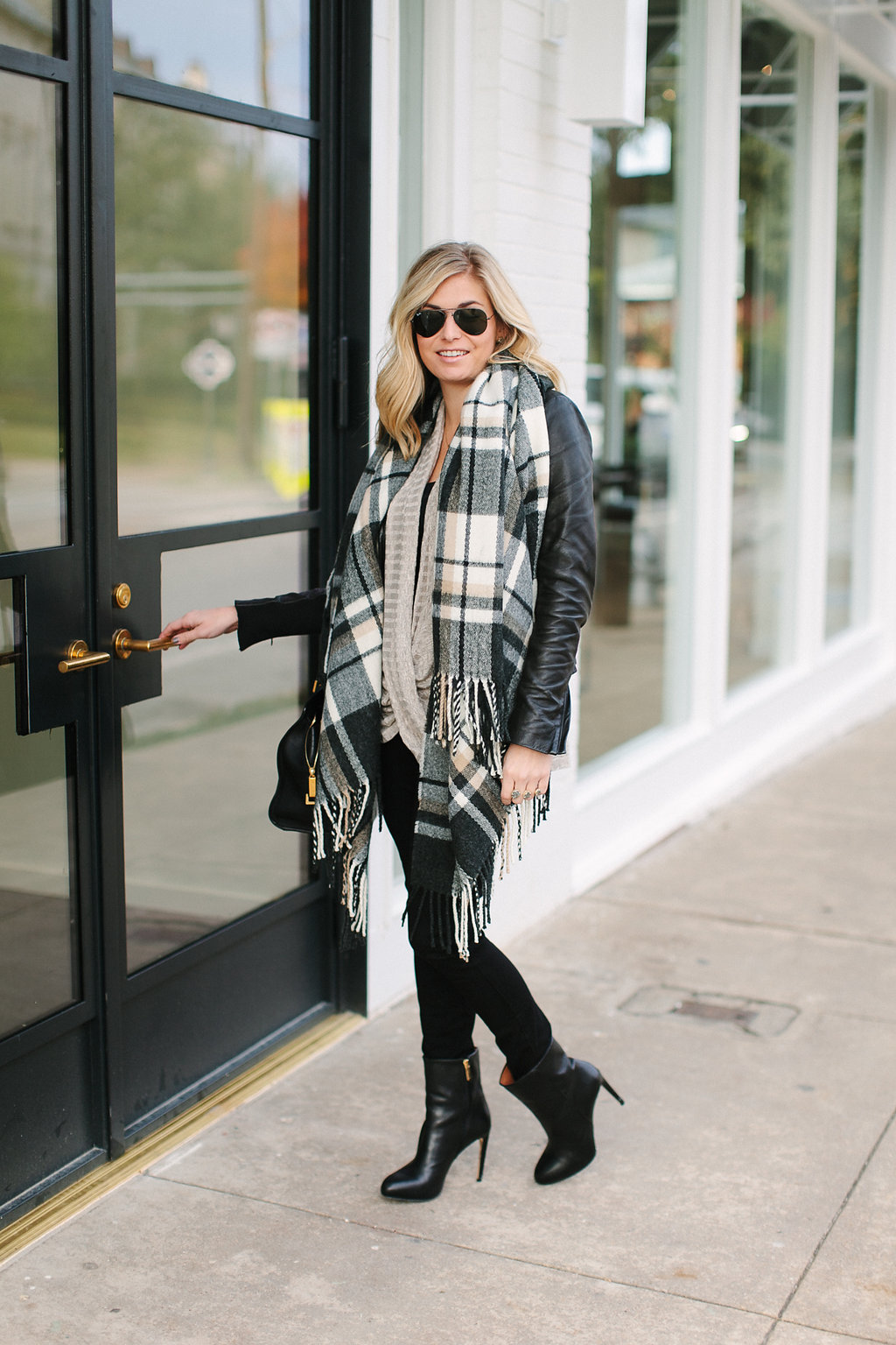 oversized neutral check scarf-black leather jacket-black skinny jeans-black leather booties-winter outfit inspiration-winter outfit idea-winter neutral outfit idea-dallas fashion blogger
