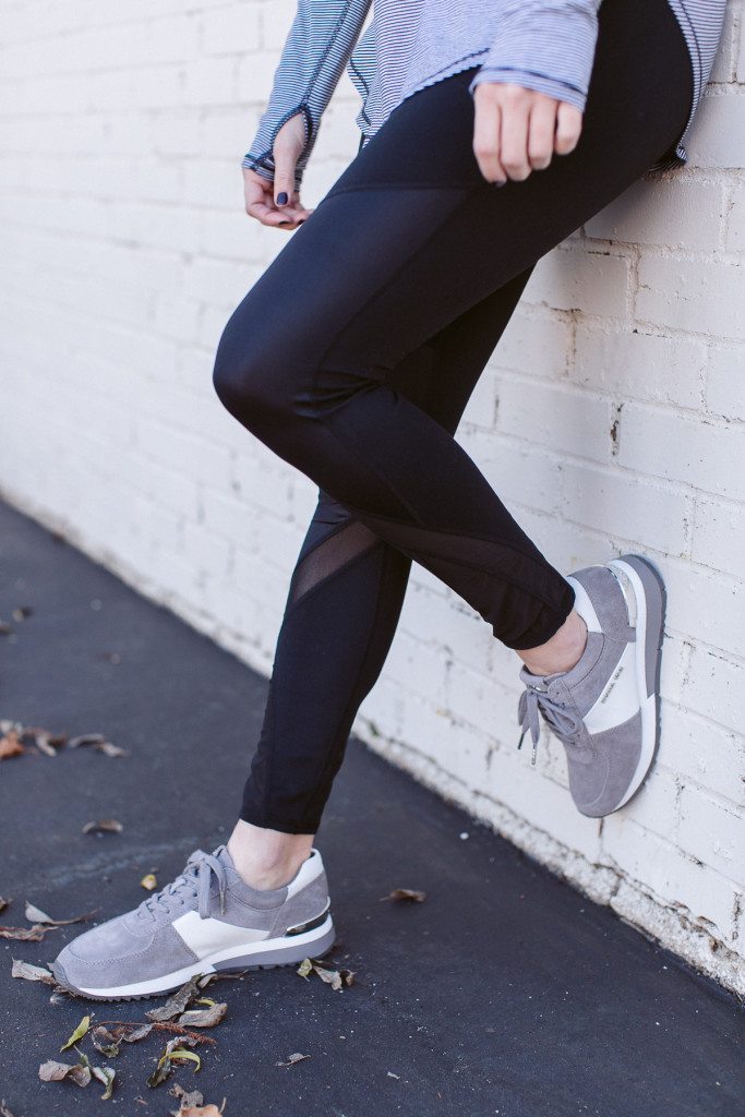 black mesh yoga pants-grey running shoes