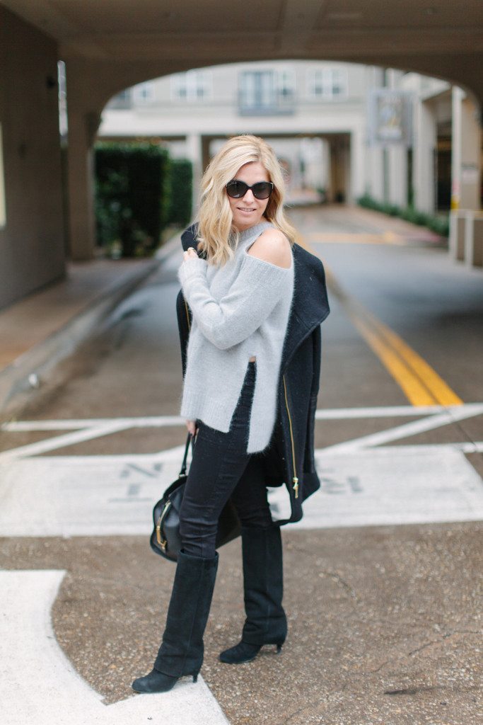 grey cut out sweater-black winter coat-winter outfit inspiration-winter neutrals-dallas fashion blogger
