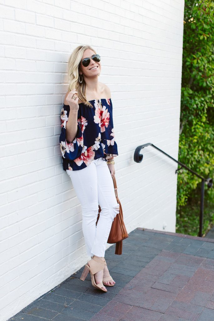 blue floral off the shoulder top-causal beach outfit-white ripped skinny jeans