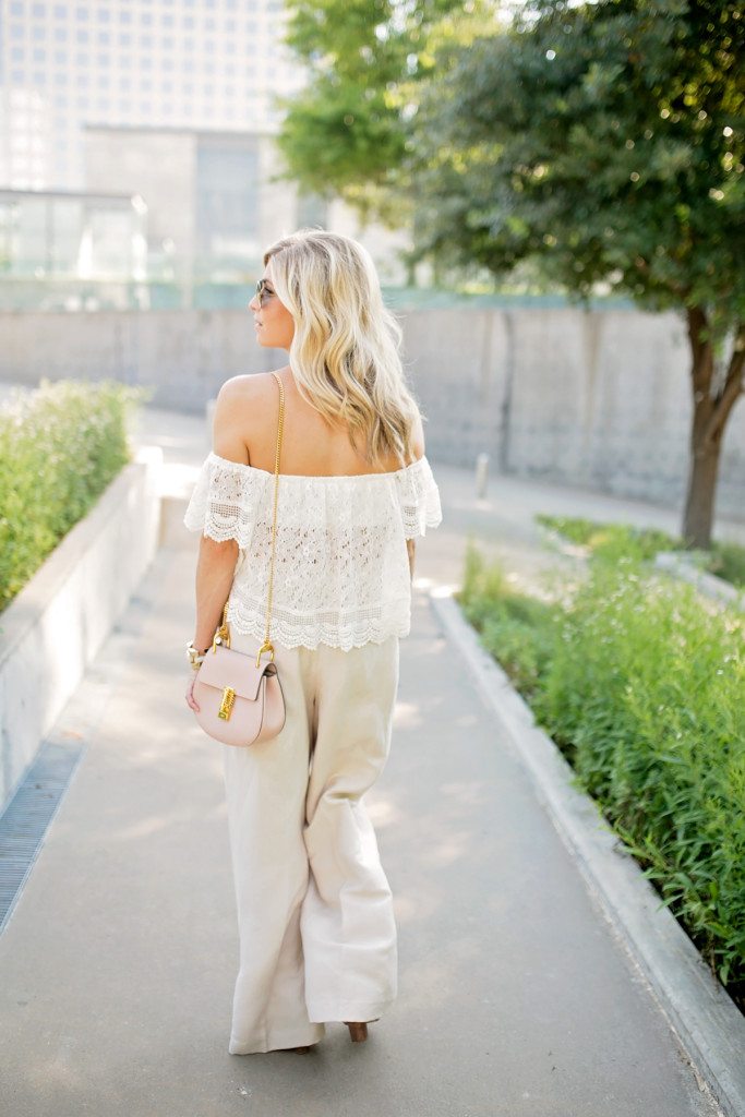 white off the shoulder top linen pants outfit
