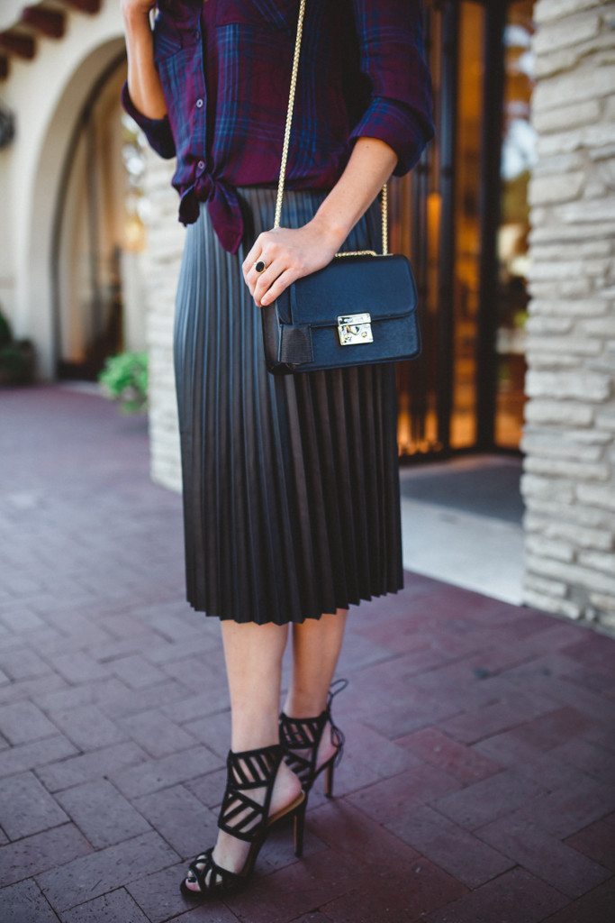 leather pleated midi skirt