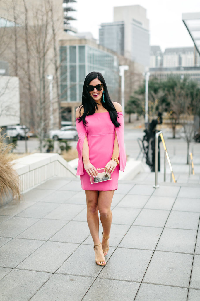 gal about town, galentines day dresses, pink off the shoulder dress