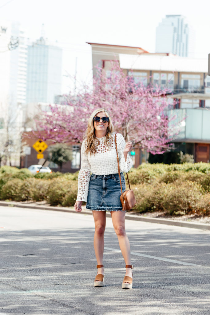 topshop nordstrom, topshop lace blouse, topshop denim skirt, dallas style blog