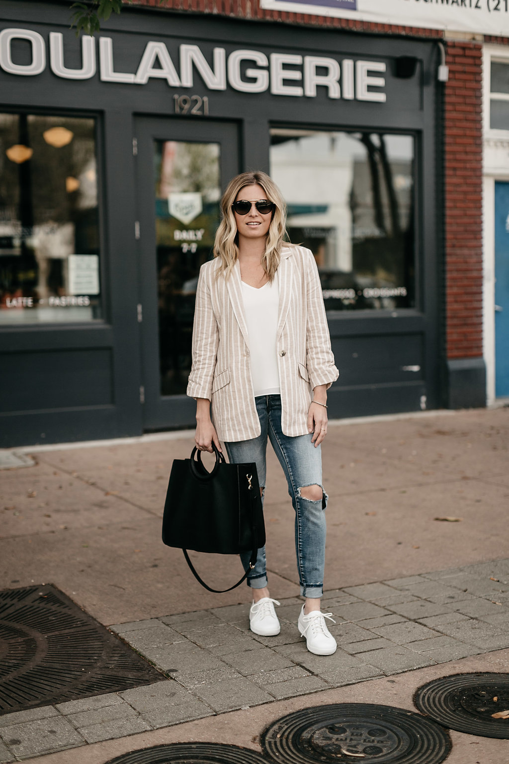 Fitflop shoes paired with trendy blazer and distressed jeans