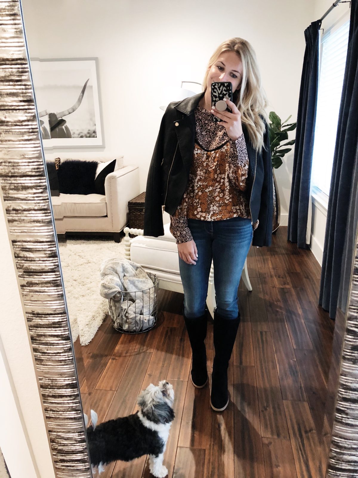 woman wearing printed top, leather jacket, and jeans from the Nordstrom Anniversary Sale 2018 Top Picks