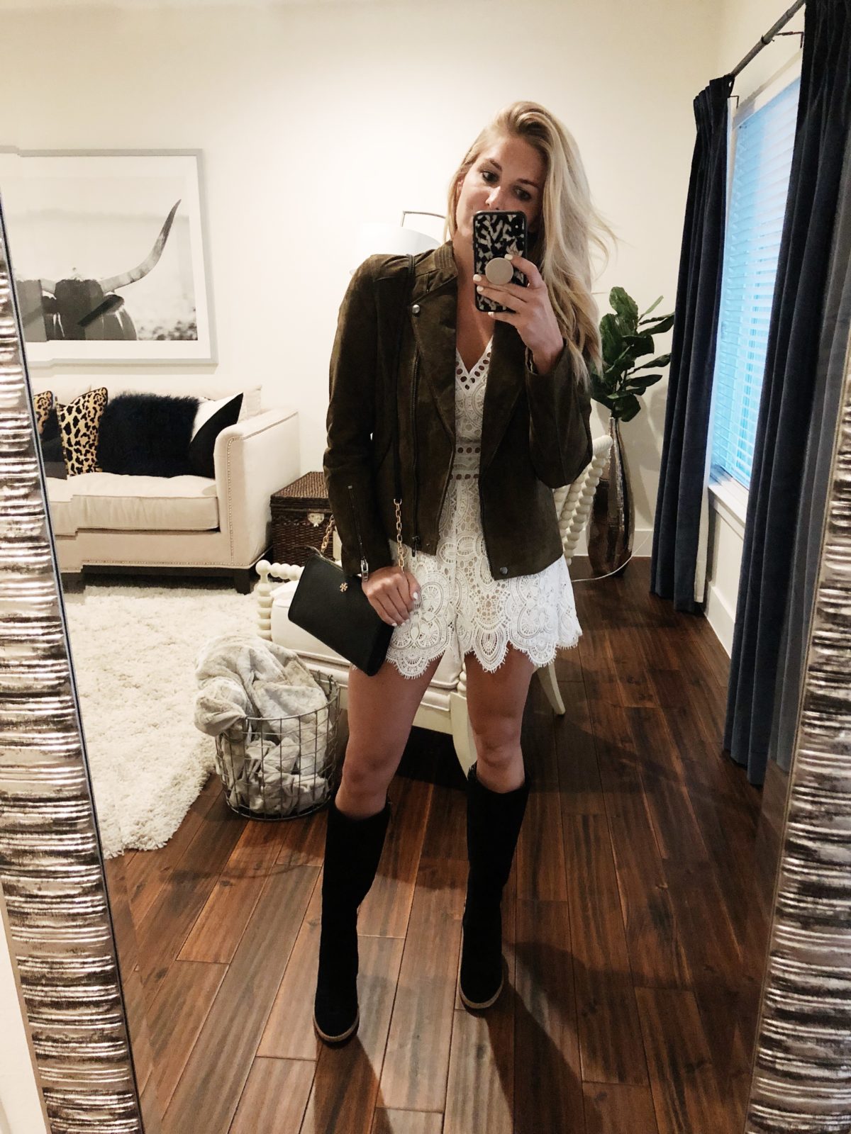 woman wearing Socialite White Lace Romper  and jacket from Nordstrom Anniversary Sale 2018 Top Picks