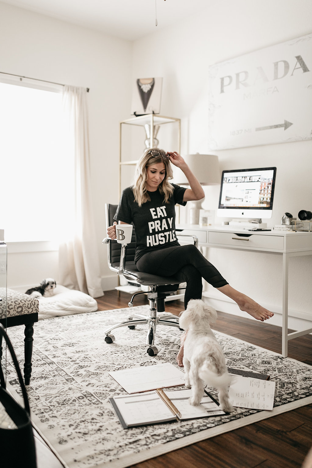 woman in her home office with her two dogs