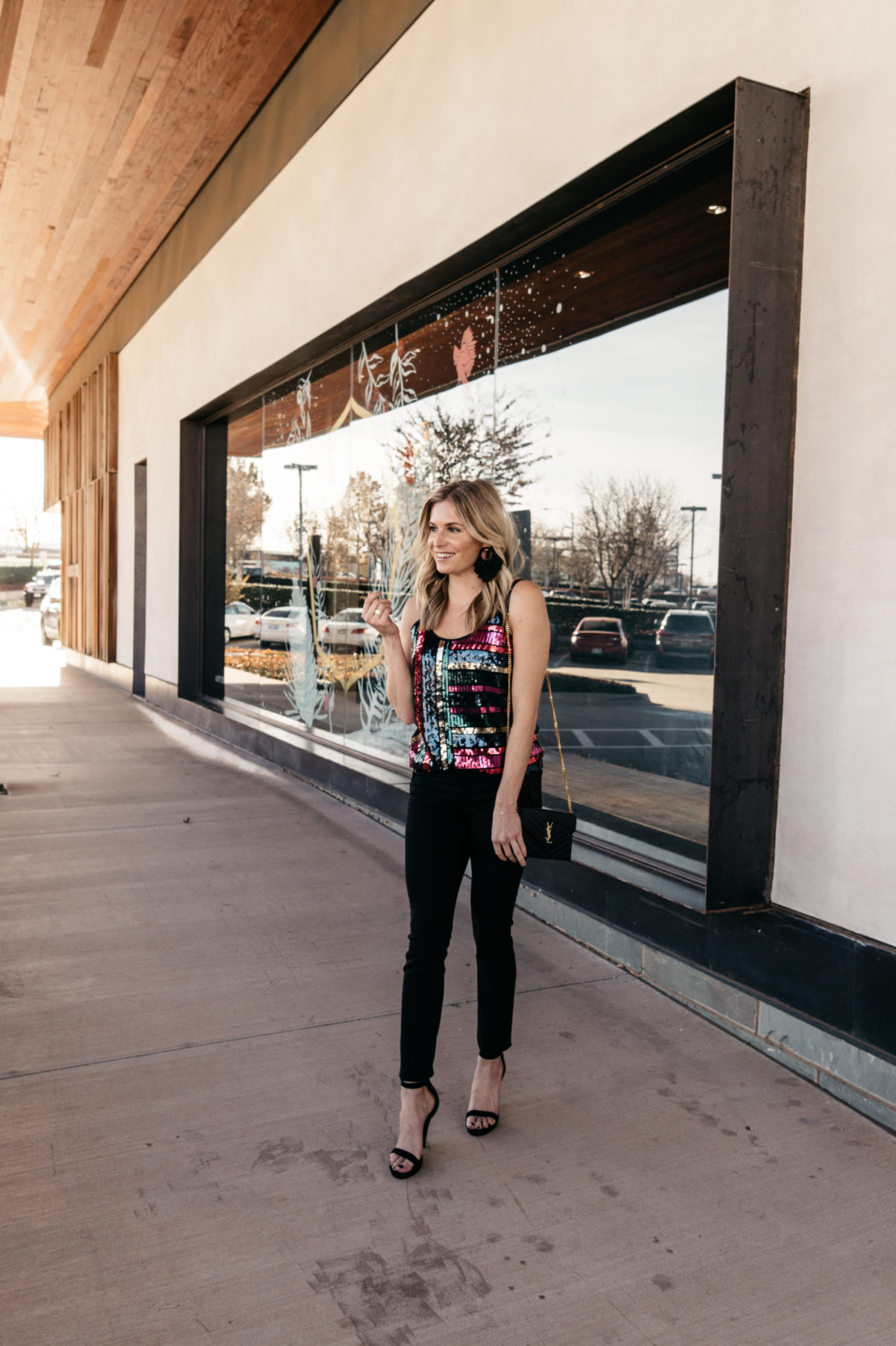 Express Outfit: I love this black pants paired with this sequin cami - One Small Blonde
