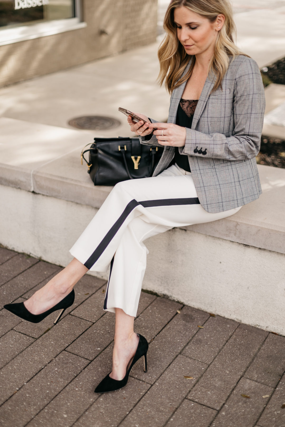 OUTFIT 1  White with Black Stripe Pants // Black Lace Camisole // Grey Plaid Fitted Blazer // Black Suede Pumps // Black Work Bag