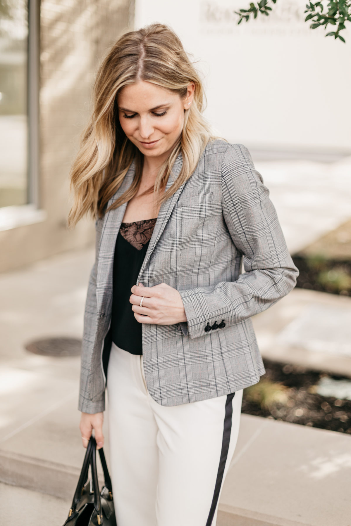 OUTFIT 1  White with Black Stripe Pants // Black Lace Camisole // Grey Plaid Fitted Blazer // Black Work Bag