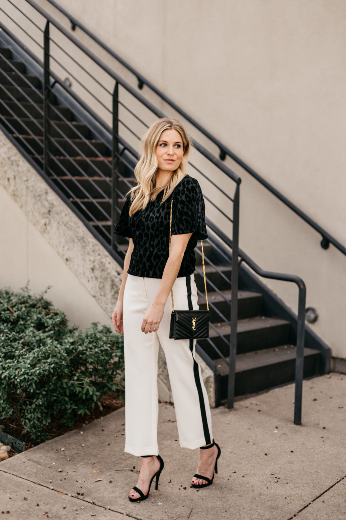 OUTFIT 3 Details:  White Wide Leg Stripe Pants // Black Short Sleeve Blouse // Black and Gold Crossbody Clutch // Black Strappy Heels