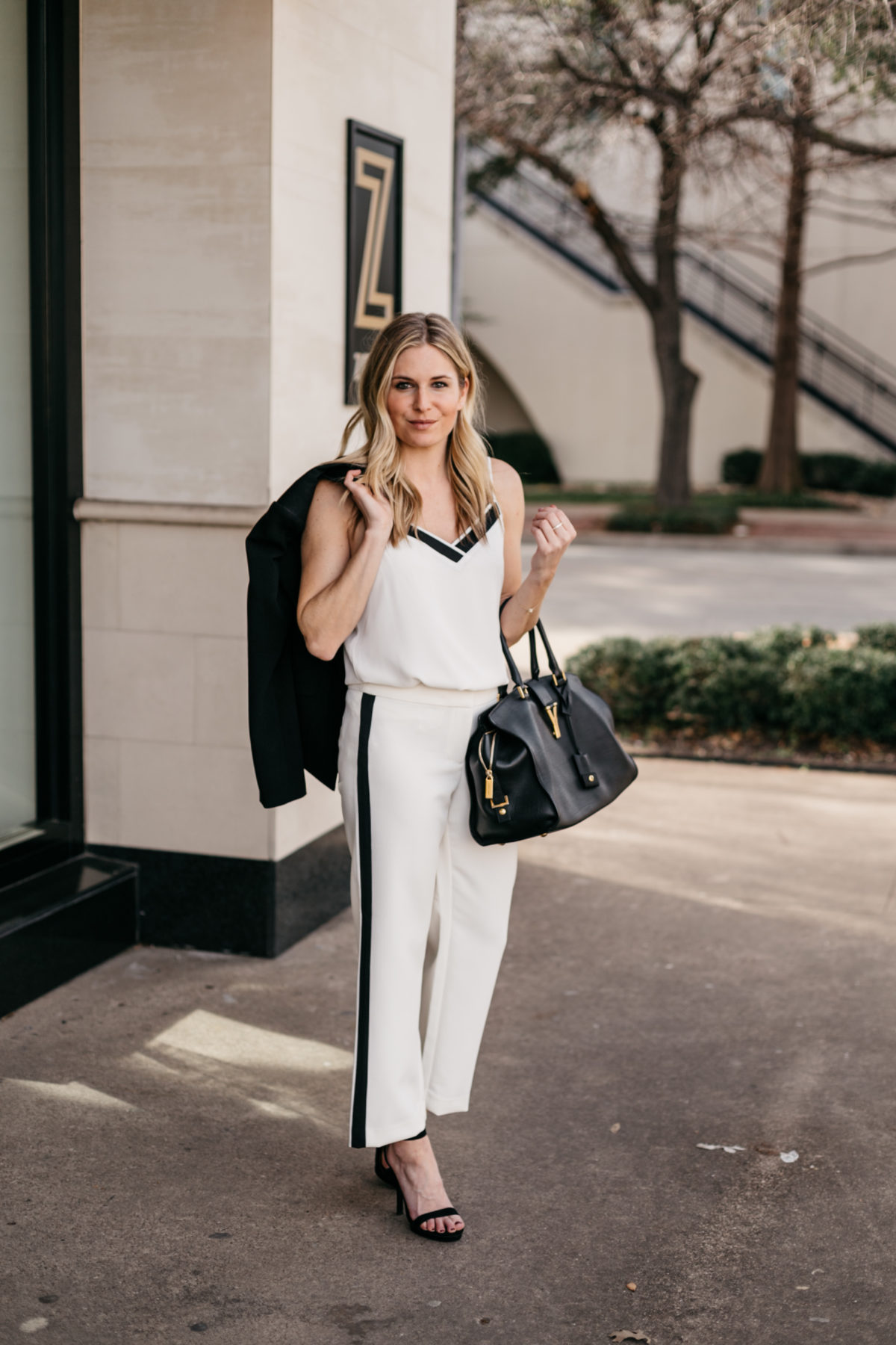 OUTFIT 4  White Work Pants // White with Black Sleeveless Camisole // Black Fitted Blazer // Black Work Tote // Black Suede Sandals