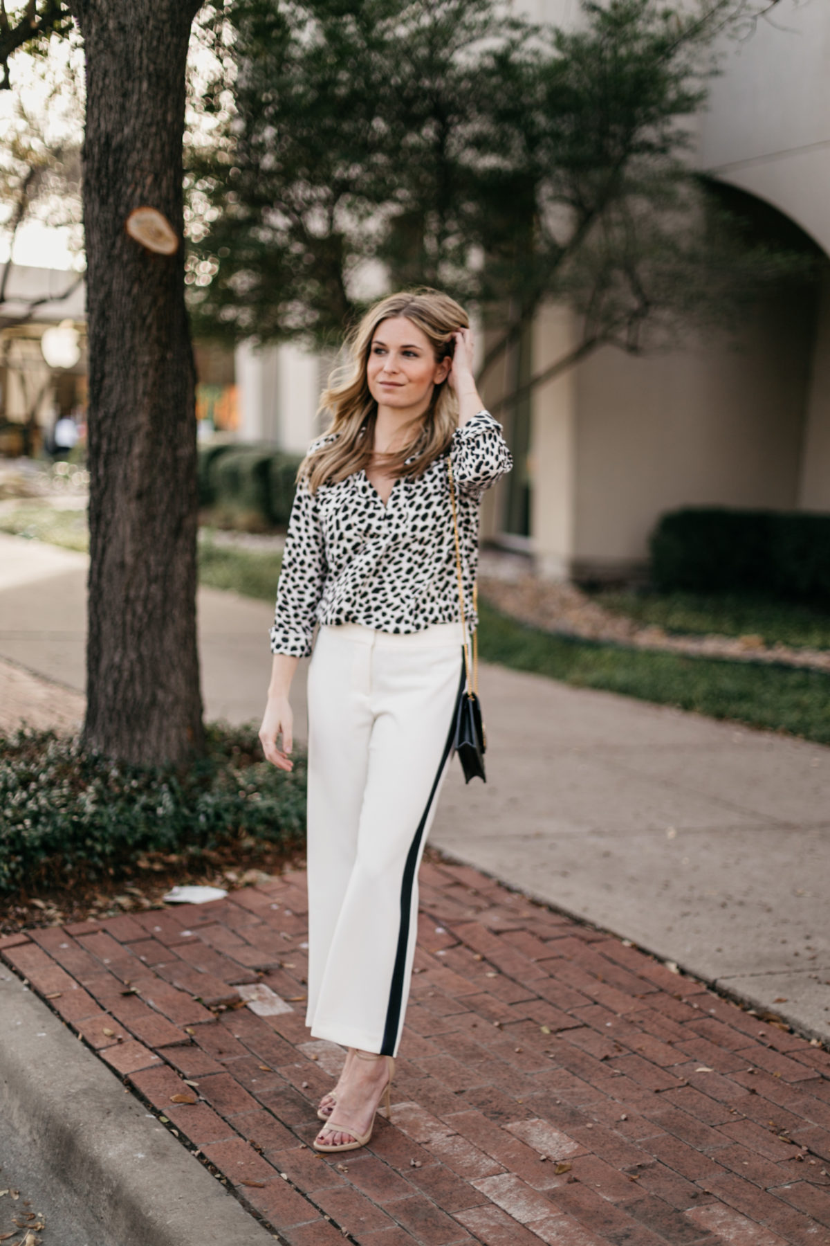 White Wide Leg Crop Pants // Leopard Long Sleeve Blouse // Black with Gold Wallet on a Chain // Nude Patent Leather Heels