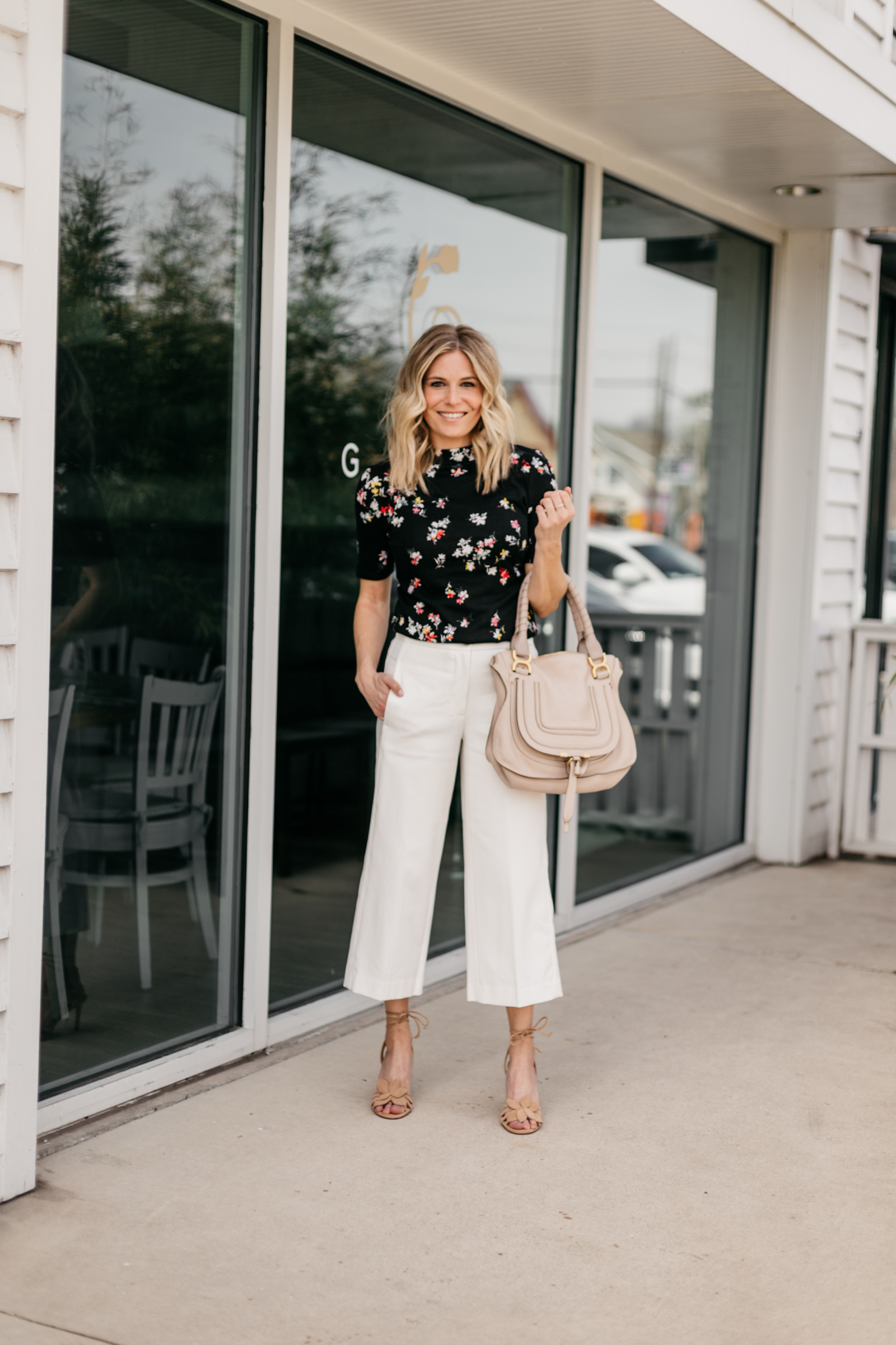 One Small Blonde is featuring a Floral Mock Neck Top and The Wide Leg Marina Pant from Ann Taylor