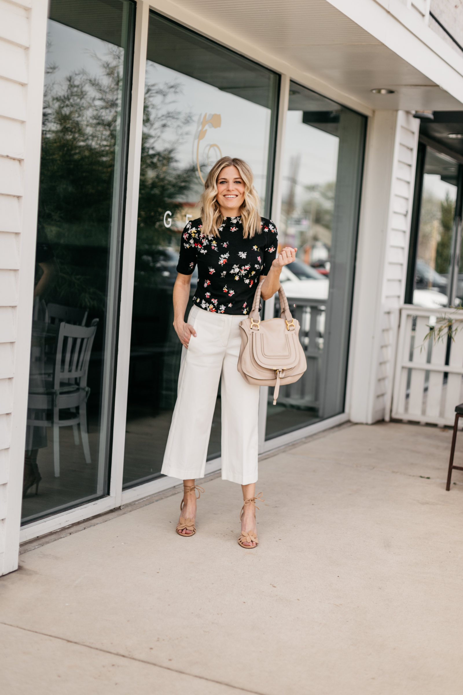 Brooke Burnett is featuring a Floral Mock Neck Top and The Wide Leg Marina Pant from Ann Taylor