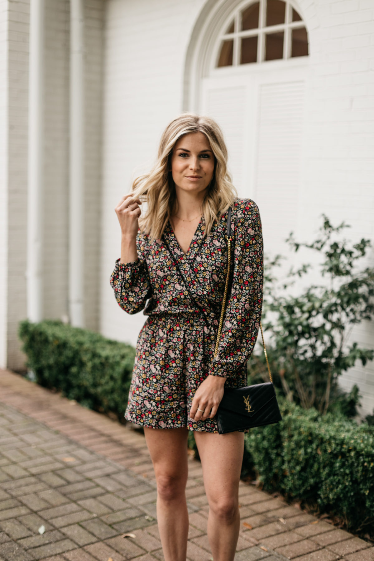 Brooke's outfit details: Floral Romper // YSL Crossbody