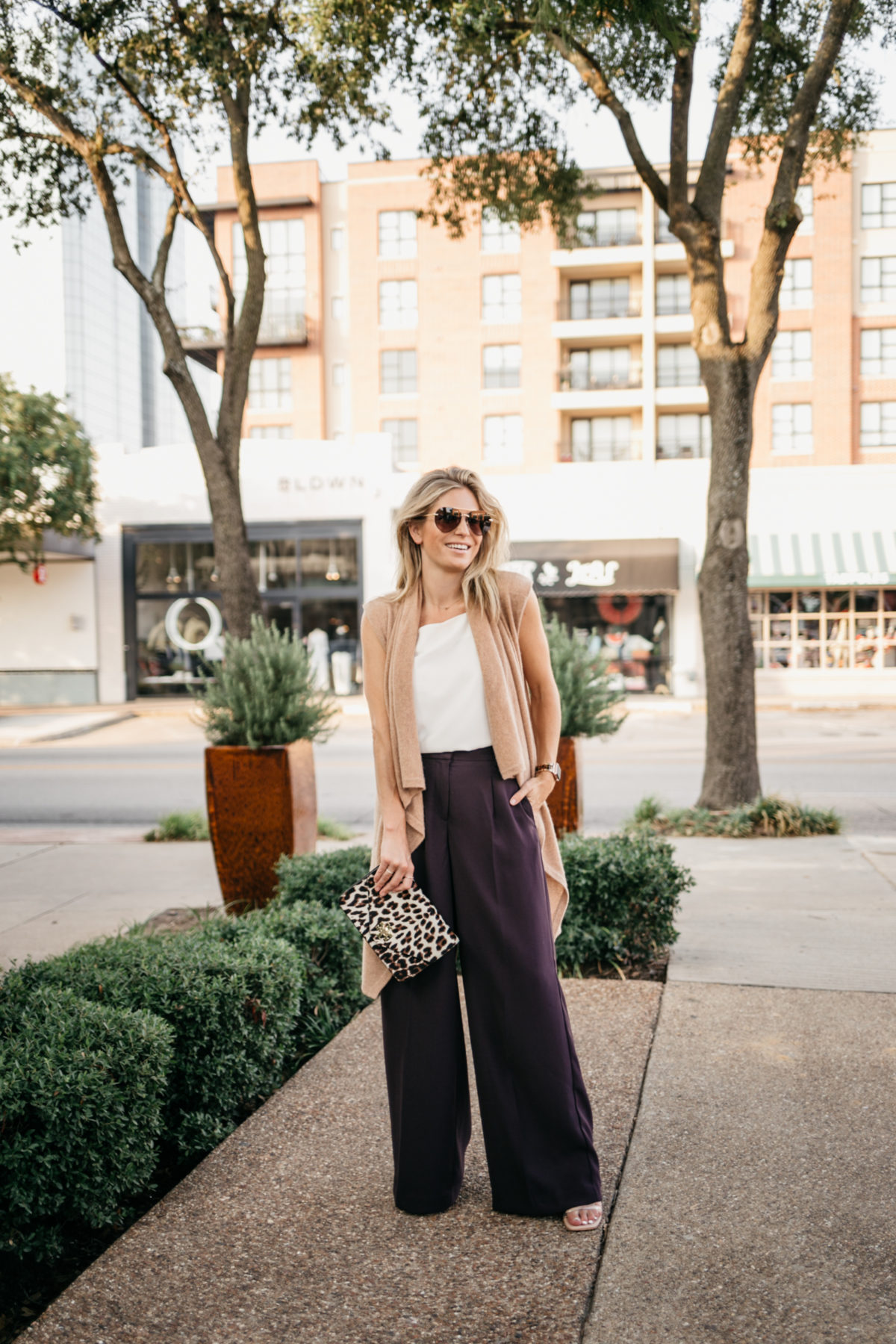 wear plum to work outfit of a sweater and pants